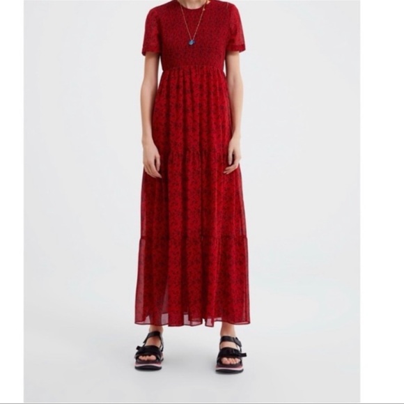 Zara Red Floral Smocked Midi Dress - Picture 1 of 5